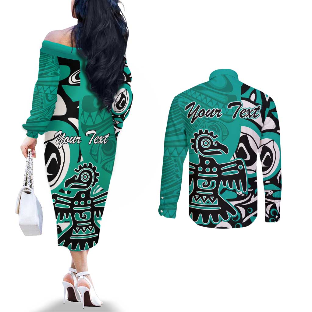 Personalized Canada Haida Eagle Couples Matching Off The Shoulder Long Sleeve Dress and Long Sleeve Button Shirt Turquoise Style