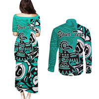 Personalized Canada Haida Eagle Couples Matching Puletasi and Long Sleeve Button Shirt Turquoise Style - Wonder Print Shop
