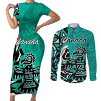 Personalized Canada Haida Eagle Couples Matching Short Sleeve Bodycon Dress and Long Sleeve Button Shirt Turquoise Style - Wonder Print Shop