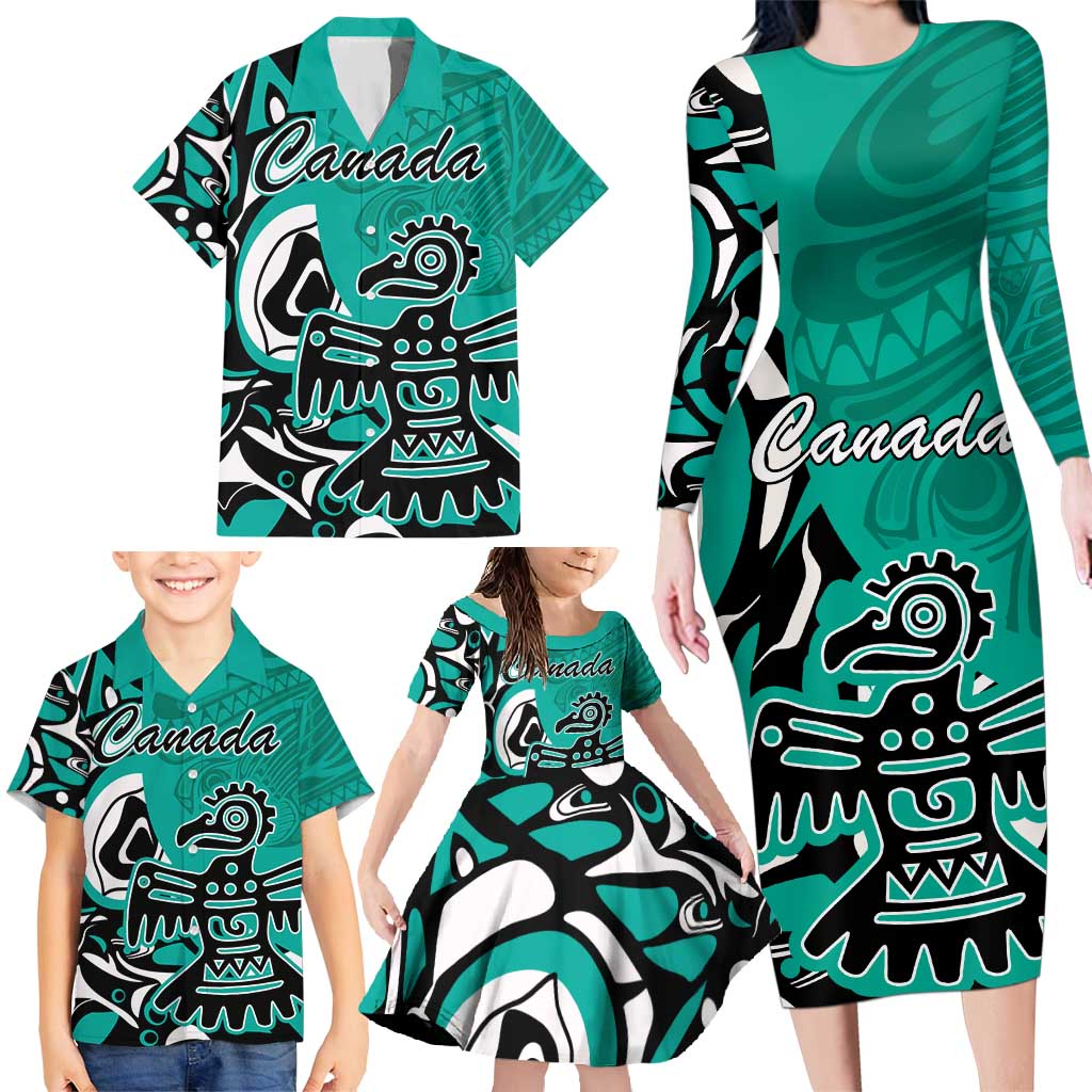Personalized Canada Haida Eagle Family Matching Long Sleeve Bodycon Dress and Hawaiian Shirt Turquoise Style - Wonder Print Shop