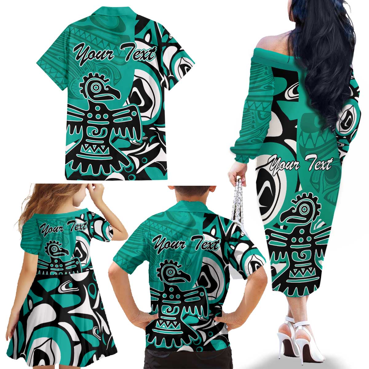 Personalized Canada Haida Eagle Family Matching Off The Shoulder Long Sleeve Dress and Hawaiian Shirt Turquoise Style - Wonder Print Shop