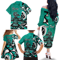 Personalized Canada Haida Eagle Family Matching Off The Shoulder Long Sleeve Dress and Hawaiian Shirt Turquoise Style - Wonder Print Shop