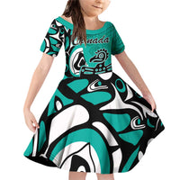 Personalized Canada Haida Eagle Family Matching Off Shoulder Short Dress and Hawaiian Shirt Turquoise Style - Wonder Print Shop