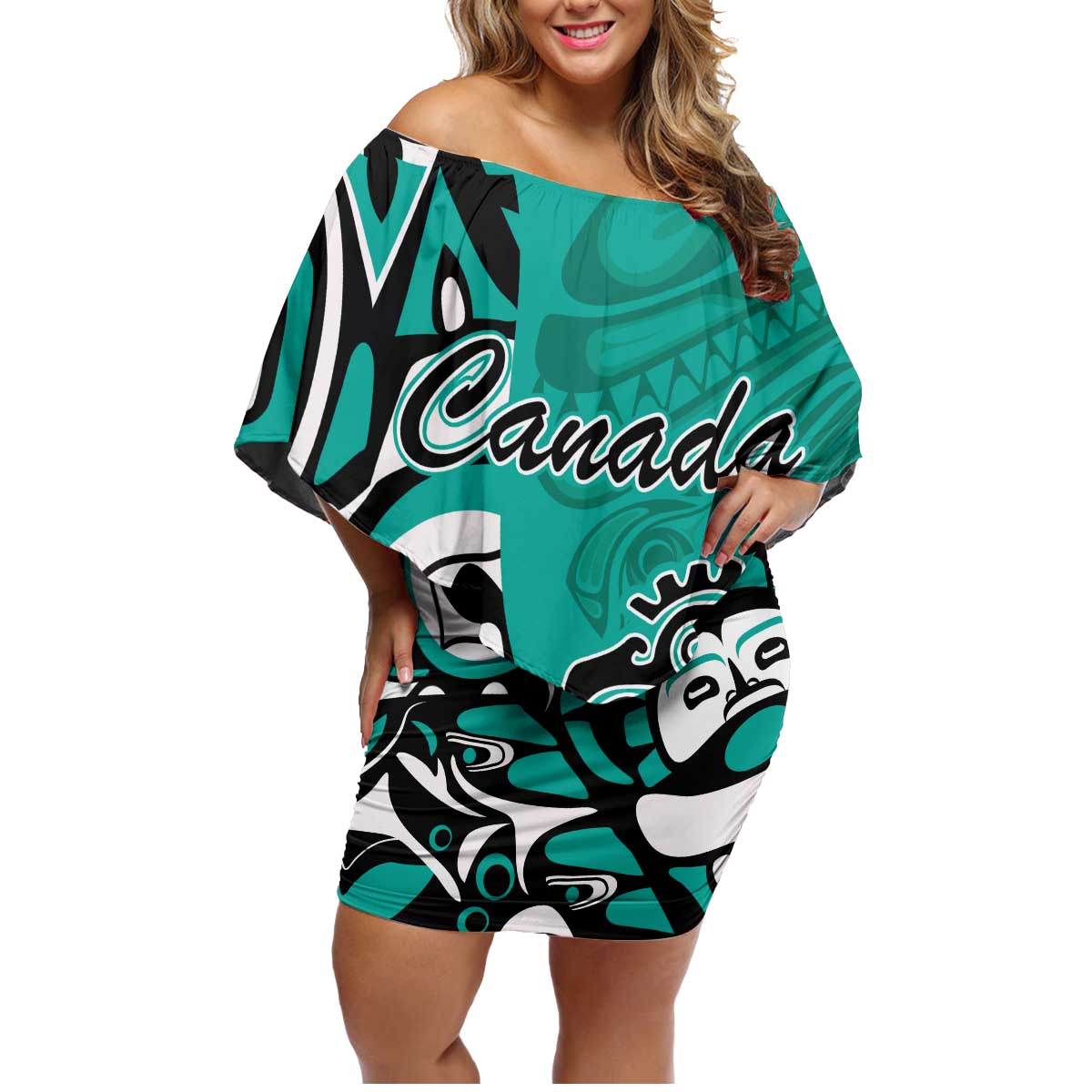 Personalized Canada Haida Eagle Family Matching Off Shoulder Short Dress and Hawaiian Shirt Turquoise Style - Wonder Print Shop