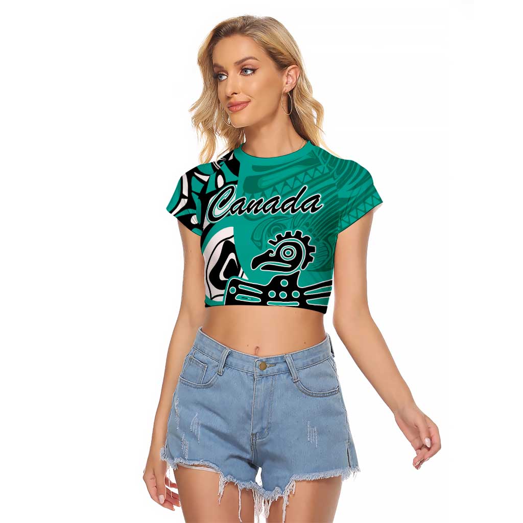 Personalized Canada Haida Eagle Raglan Cropped T Shirt Turquoise Style - Wonder Print Shop