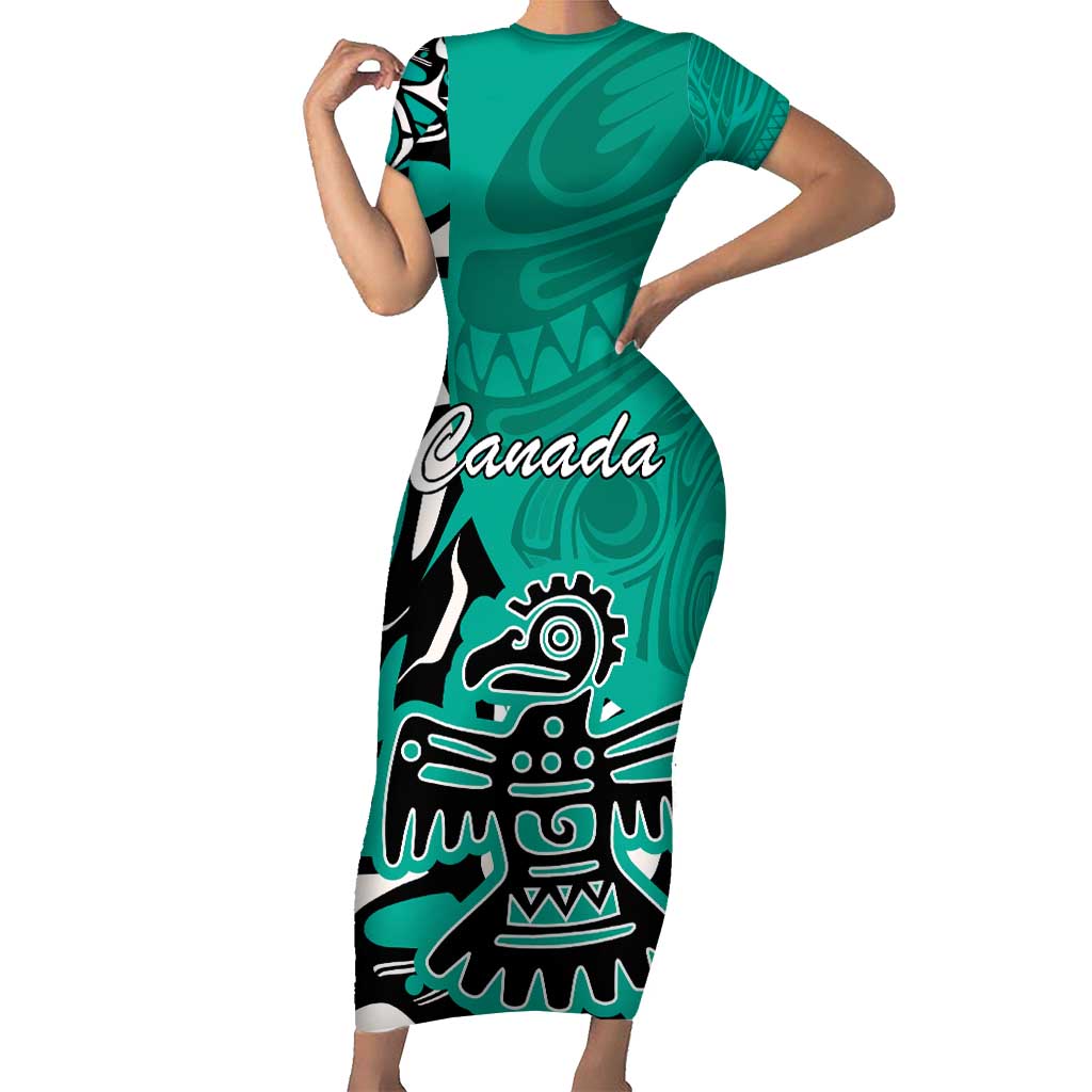 Personalized Canada Haida Eagle Short Sleeve Bodycon Dress Turquoise Style - Wonder Print Shop