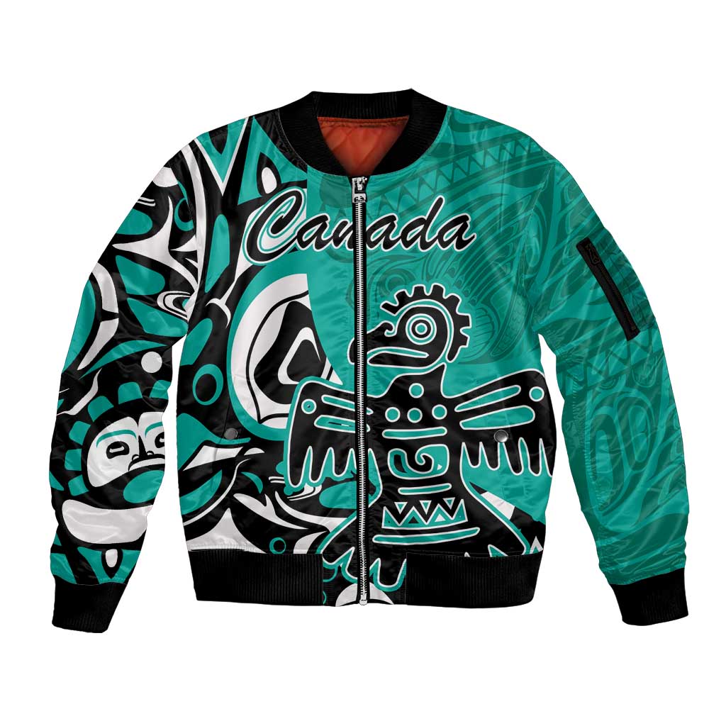 Personalized Canada Haida Eagle Sleeve Zip Bomber Jacket Turquoise Style - Wonder Print Shop