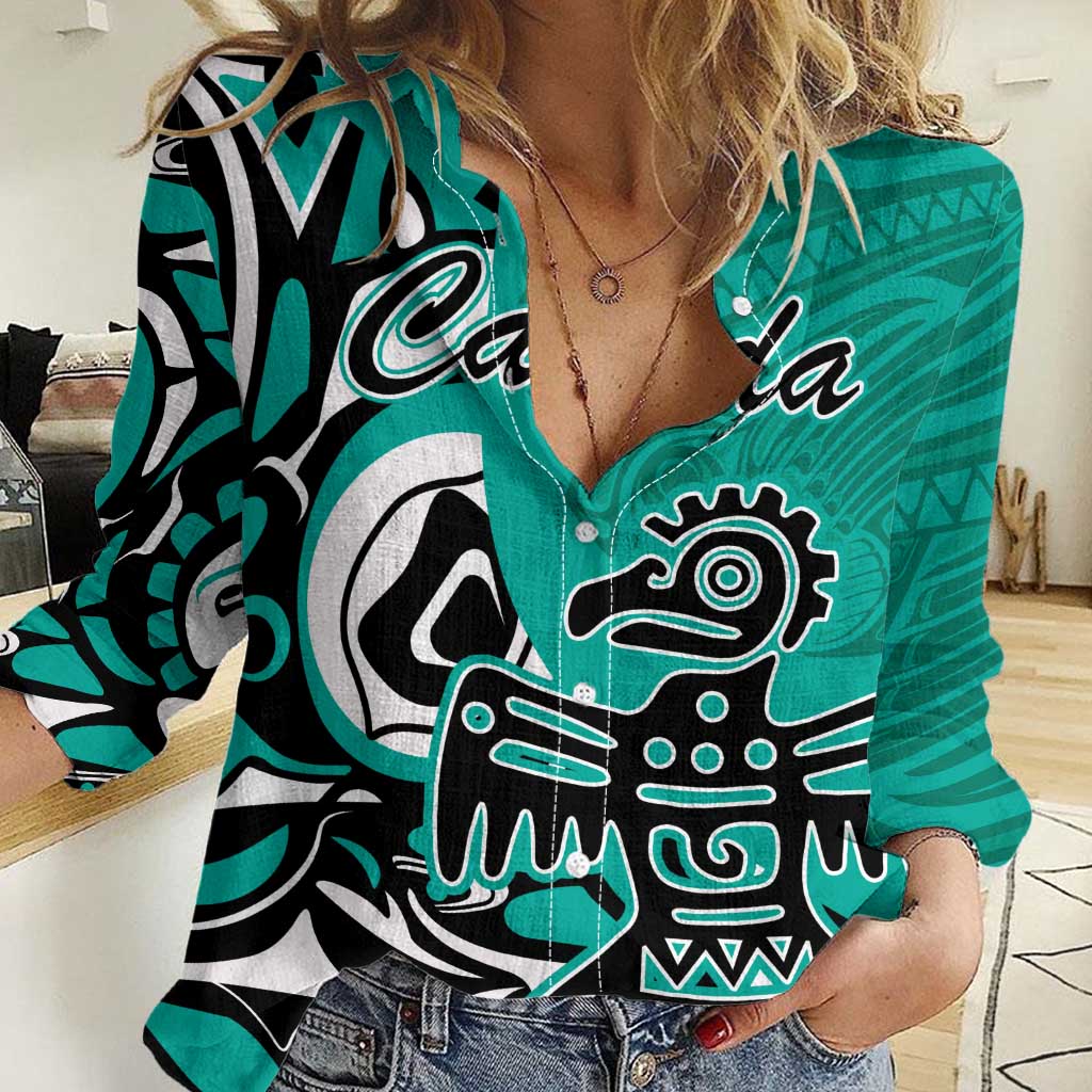 Personalized Canada Haida Eagle Women Casual Shirt Turquoise Style - Wonder Print Shop