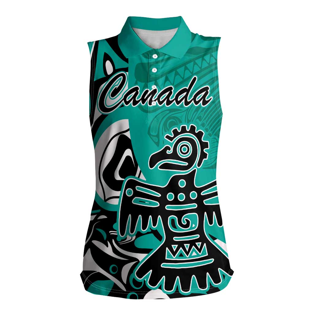 Personalized Canada Haida Eagle Women Sleeveless Polo Shirt Turquoise Style - Wonder Print Shop