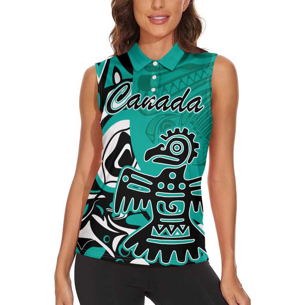 Personalized Canada Haida Eagle Women Sleeveless Polo Shirt Turquoise Style - Wonder Print Shop
