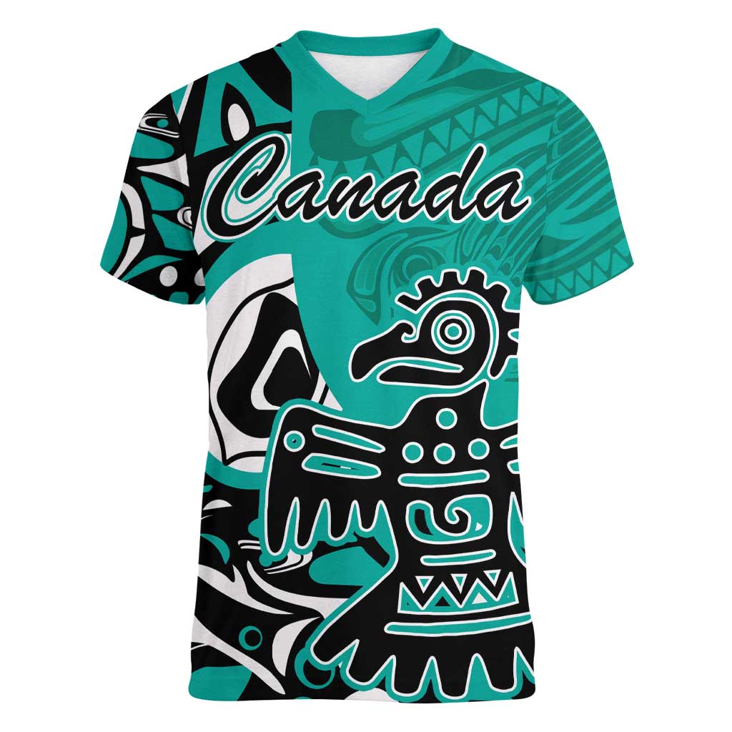 Personalized Canada Haida Eagle Women V-Neck T-Shirt Turquoise Style - Wonder Print Shop
