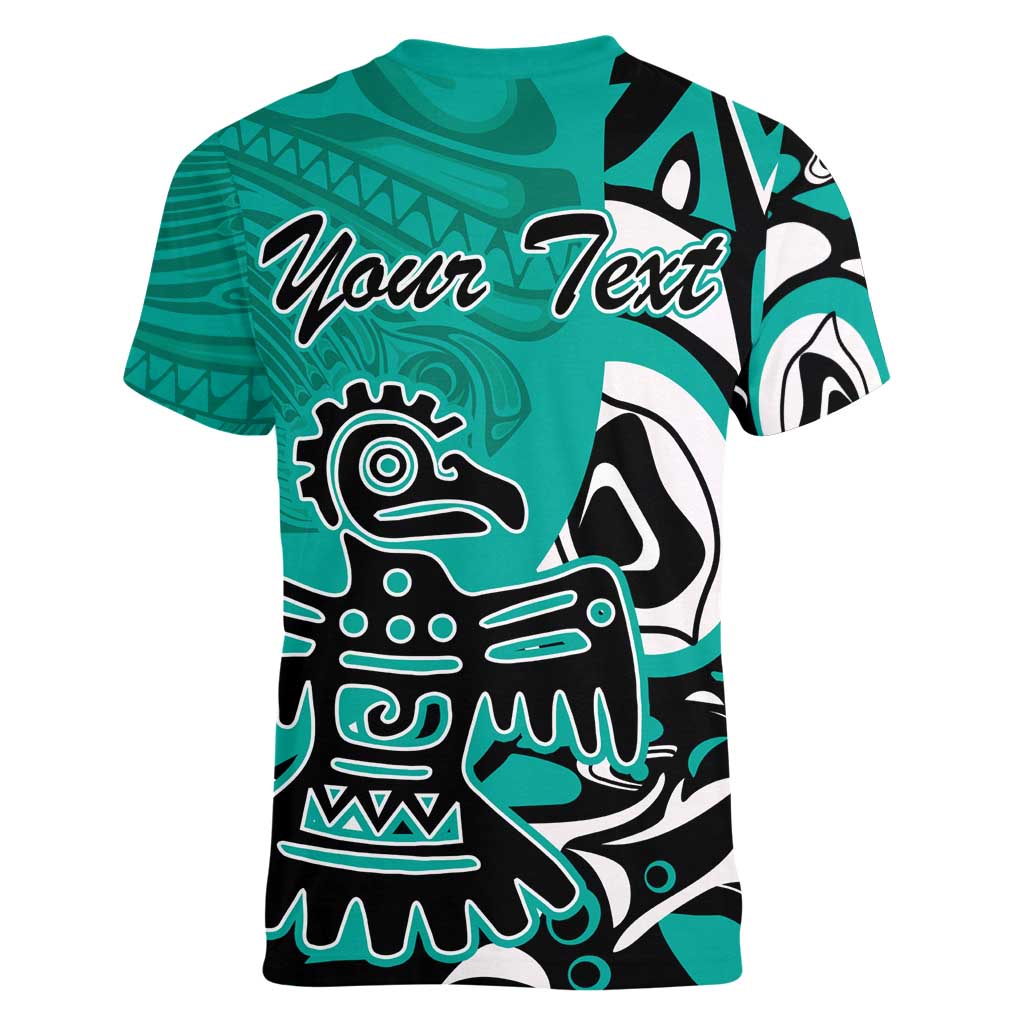 Personalized Canada Haida Eagle Women V-Neck T-Shirt Turquoise Style - Wonder Print Shop