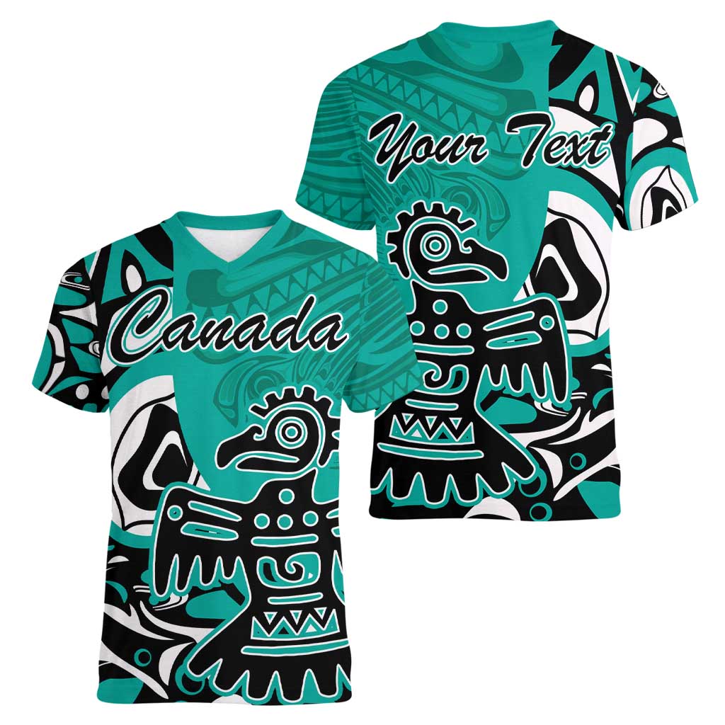 Personalized Canada Haida Eagle Women V-Neck T-Shirt Turquoise Style - Wonder Print Shop