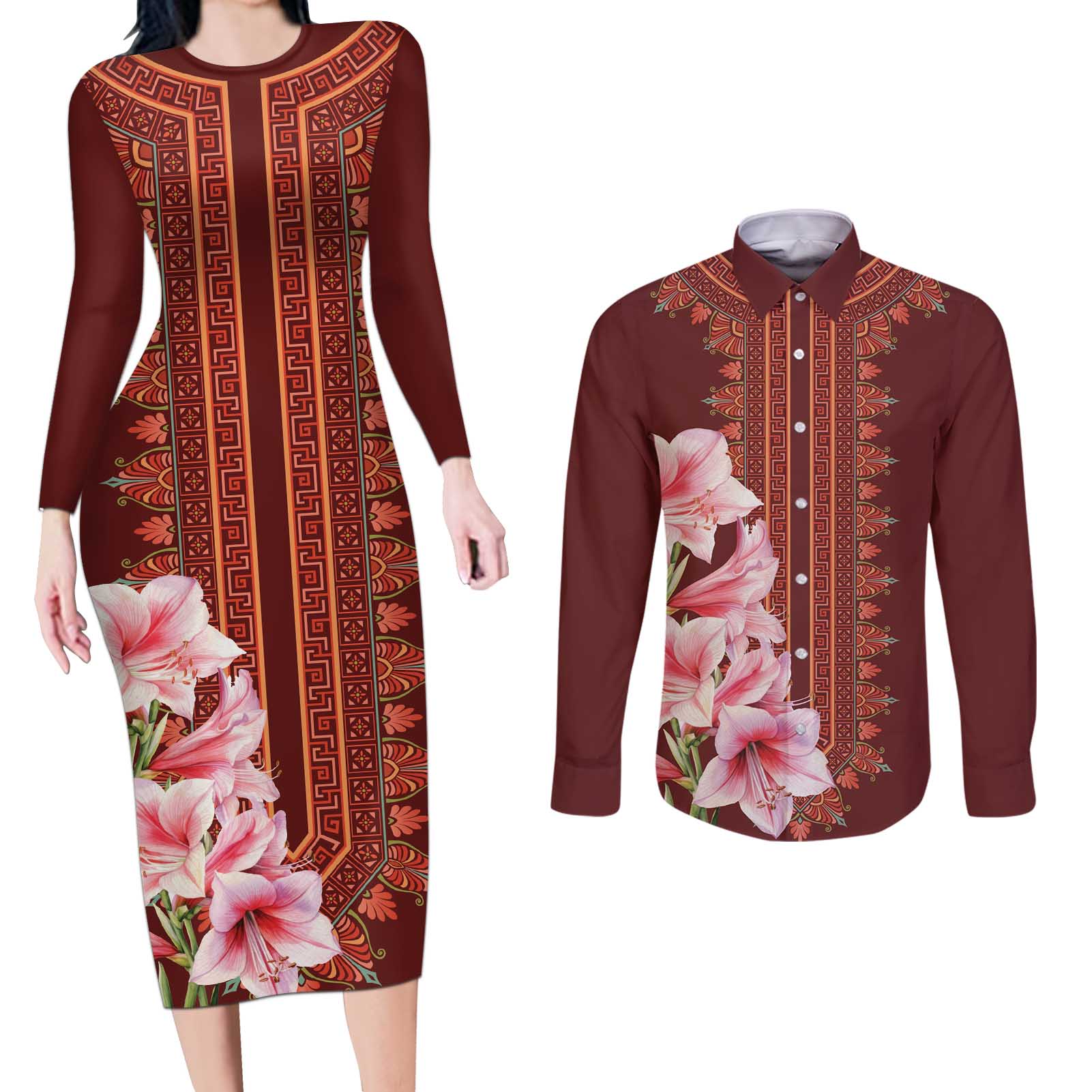 Africa Dashiki Couples Matching Long Sleeve Bodycon Dress and Long Sleeve Button Shirt With Belladonna Lily - Wonder Print Shop