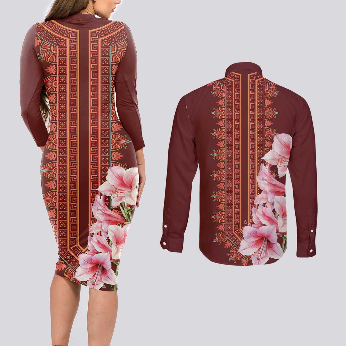 Africa Dashiki Couples Matching Long Sleeve Bodycon Dress and Long Sleeve Button Shirt With Belladonna Lily - Wonder Print Shop