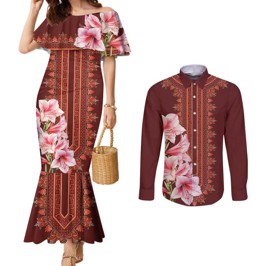 Africa Dashiki Couples Matching Mermaid Dress and Long Sleeve Button Shirt With Belladonna Lily