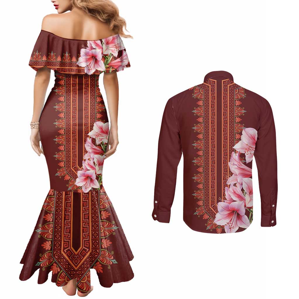 Africa Dashiki Couples Matching Mermaid Dress and Long Sleeve Button Shirt With Belladonna Lily