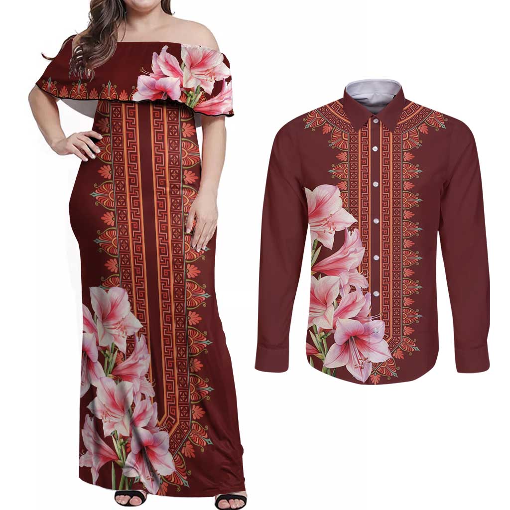 Africa Dashiki Couples Matching Off Shoulder Maxi Dress and Long Sleeve Button Shirt With Belladonna Lily - Wonder Print Shop