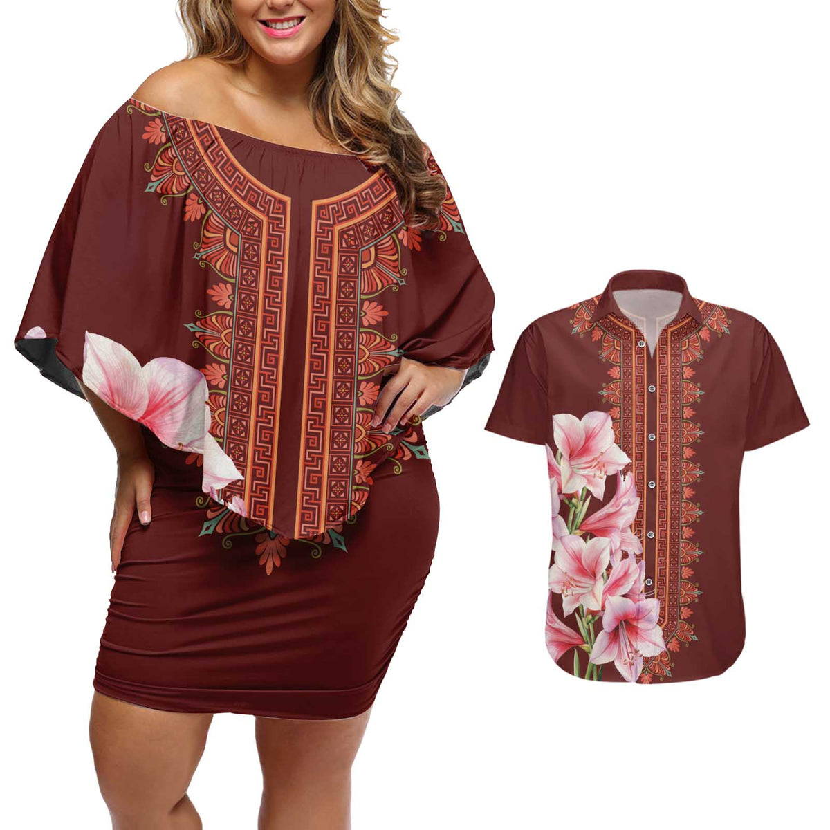 Africa Dashiki Couples Matching Off Shoulder Short Dress and Hawaiian Shirt With Belladonna Lily - Wonder Print Shop
