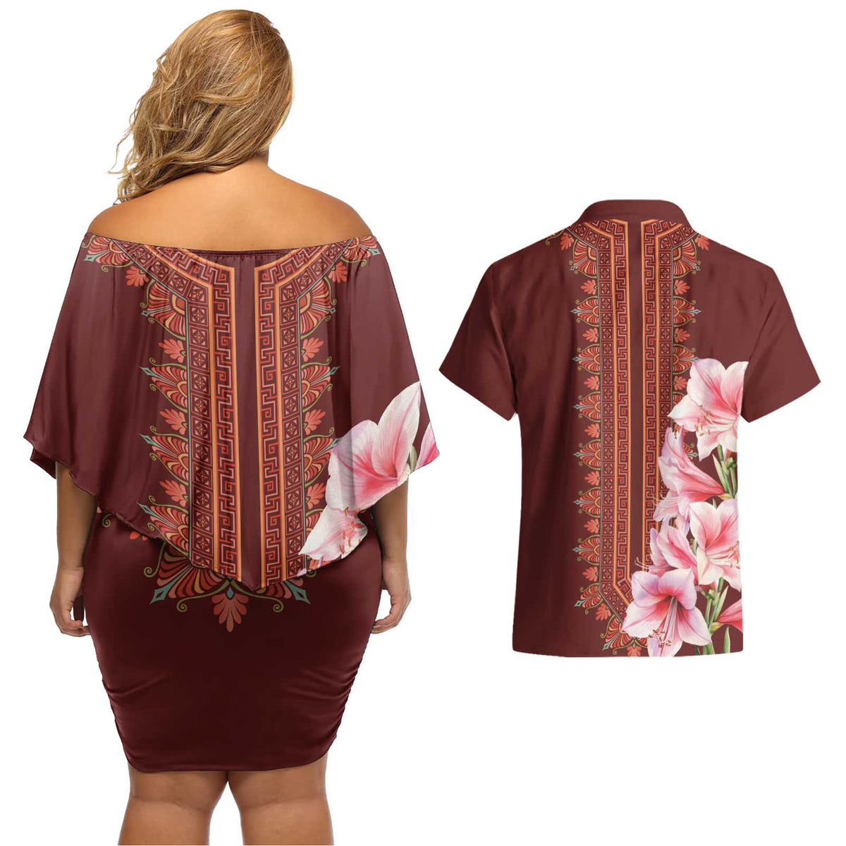 Africa Dashiki Couples Matching Off Shoulder Short Dress and Hawaiian Shirt With Belladonna Lily - Wonder Print Shop