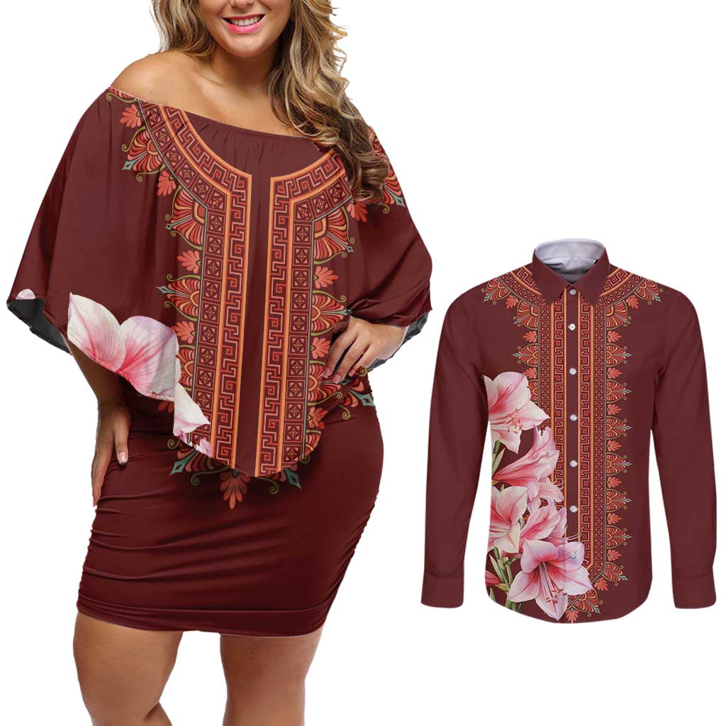 Africa Dashiki Couples Matching Off Shoulder Short Dress and Long Sleeve Button Shirt With Belladonna Lily - Wonder Print Shop
