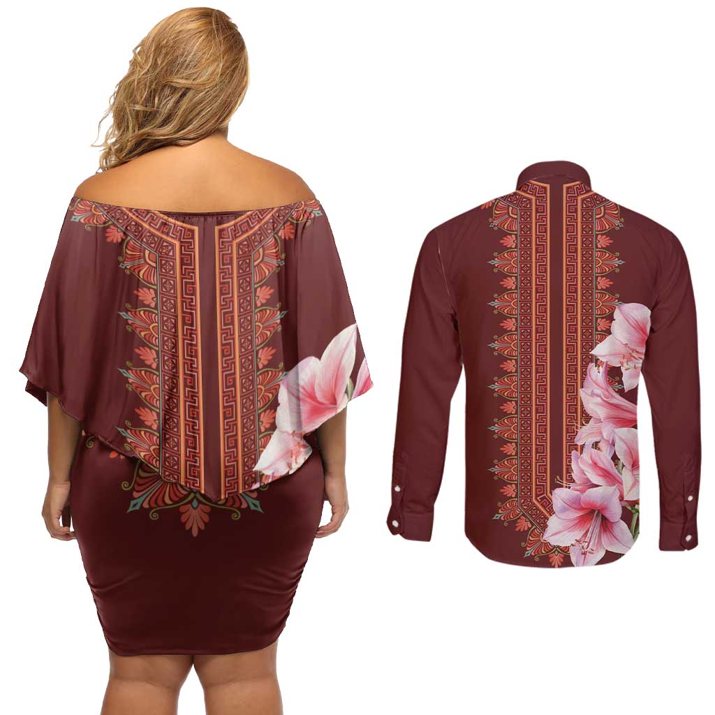 Africa Dashiki Couples Matching Off Shoulder Short Dress and Long Sleeve Button Shirt With Belladonna Lily - Wonder Print Shop