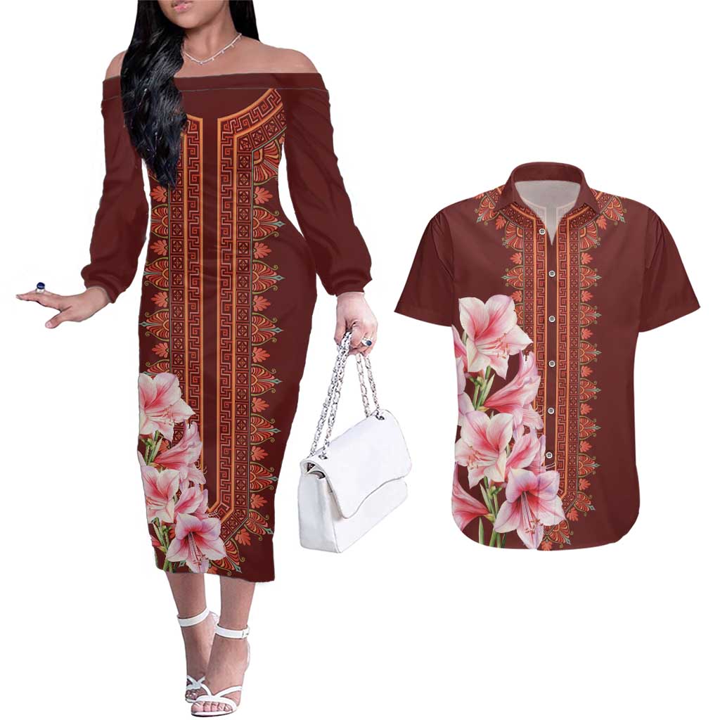 Africa Dashiki Couples Matching Off The Shoulder Long Sleeve Dress and Hawaiian Shirt With Belladonna Lily - Wonder Print Shop