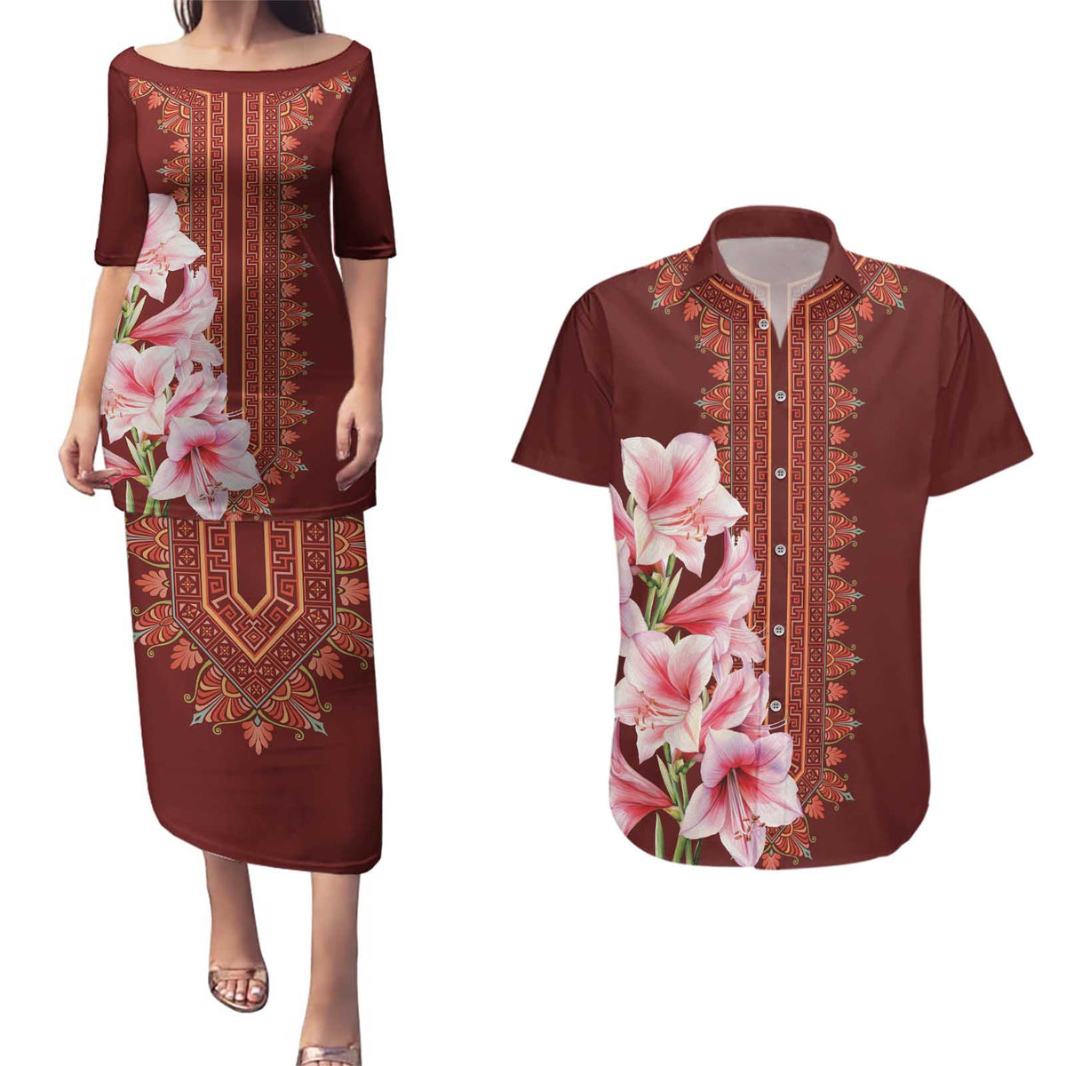 Africa Dashiki Couples Matching Puletasi and Hawaiian Shirt With Belladonna Lily - Wonder Print Shop