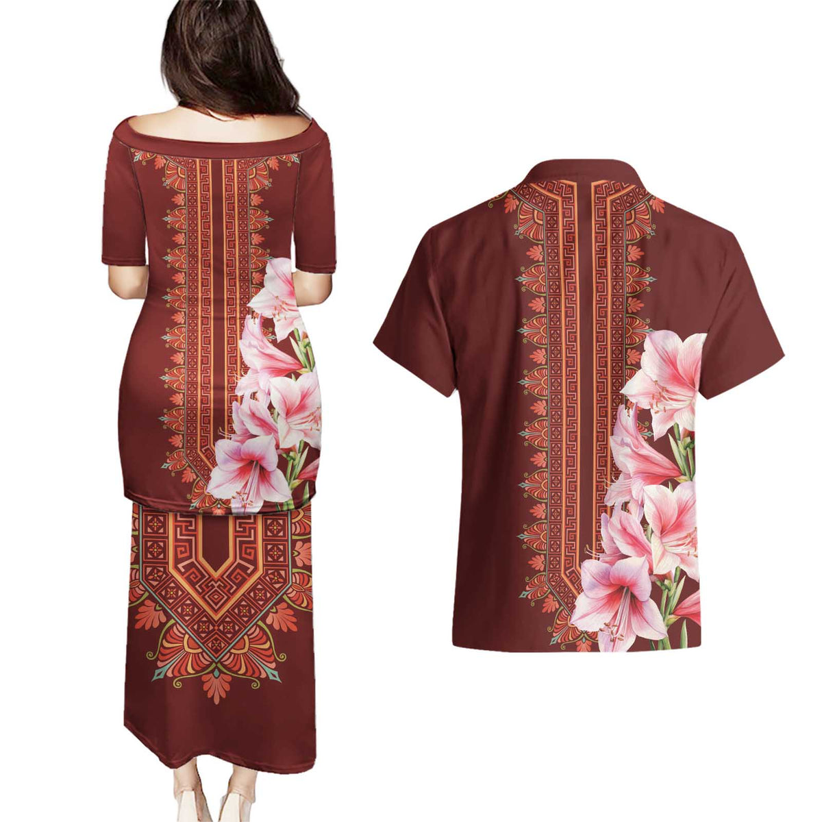 Africa Dashiki Couples Matching Puletasi and Hawaiian Shirt With Belladonna Lily - Wonder Print Shop