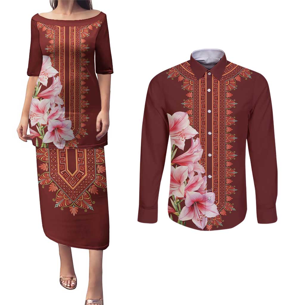 Africa Dashiki Couples Matching Puletasi and Long Sleeve Button Shirt With Belladonna Lily - Wonder Print Shop