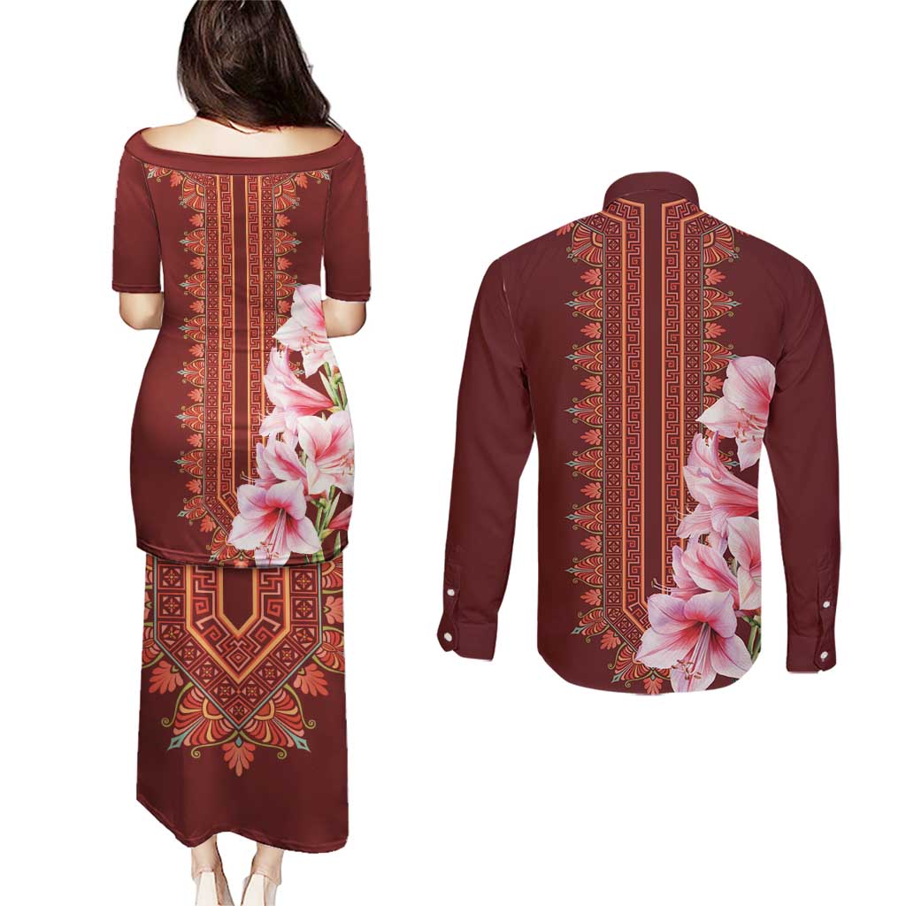 Africa Dashiki Couples Matching Puletasi and Long Sleeve Button Shirt With Belladonna Lily - Wonder Print Shop