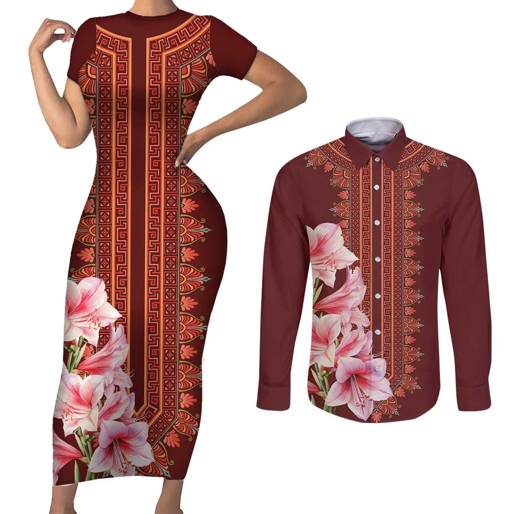 Africa Dashiki Couples Matching Short Sleeve Bodycon Dress and Long Sleeve Button Shirt With Belladonna Lily - Wonder Print Shop