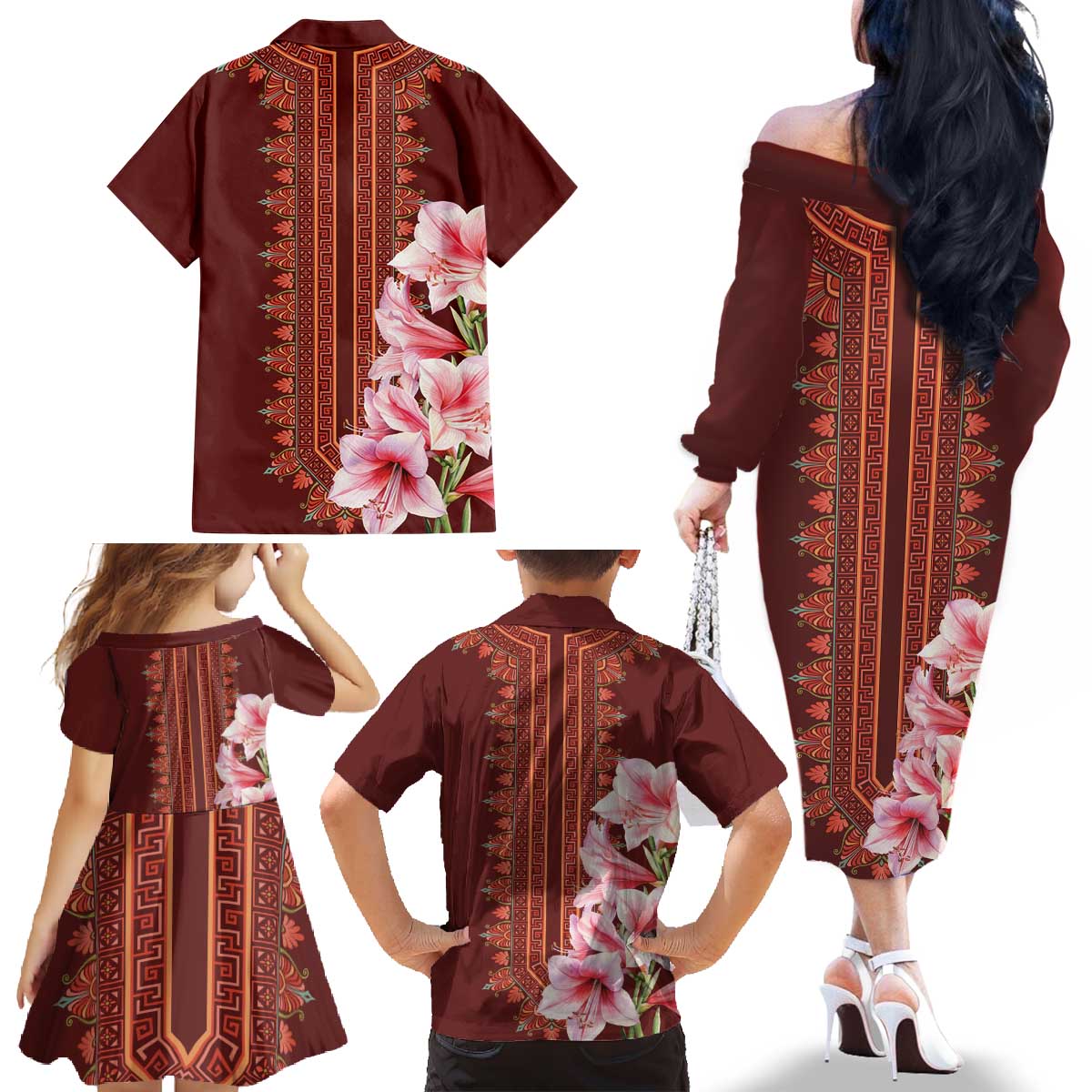 Africa Dashiki Family Matching Off The Shoulder Long Sleeve Dress and Hawaiian Shirt With Belladonna Lily - Wonder Print Shop