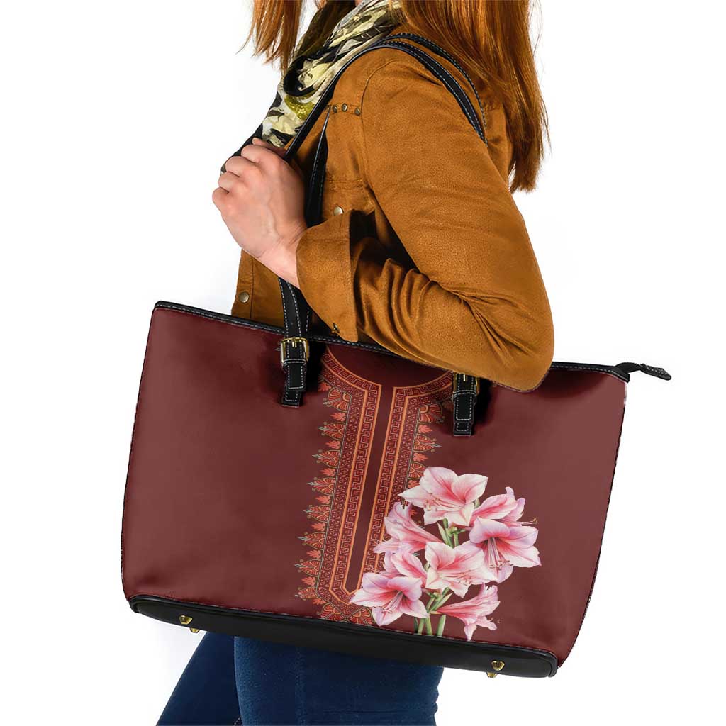 Africa Dashiki Leather Tote Bag With Belladonna Lily - Wonder Print Shop