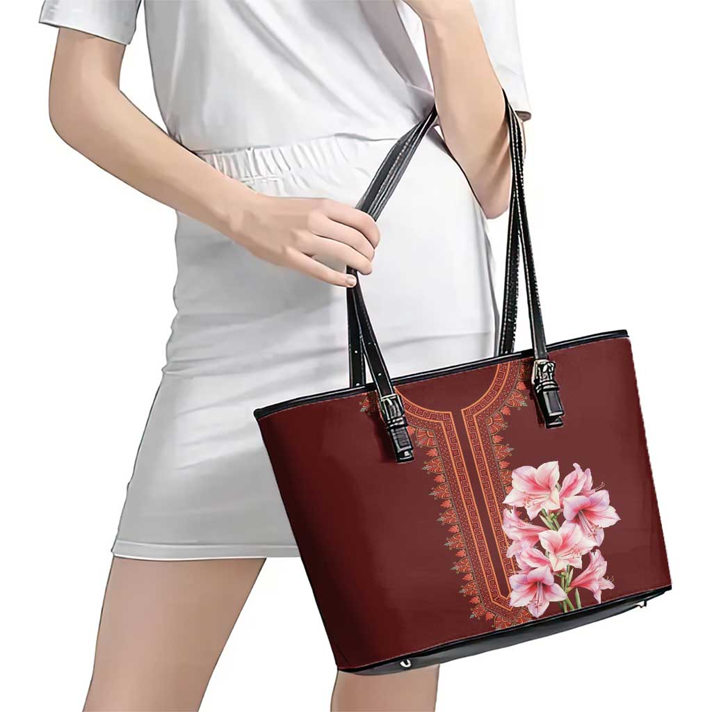Africa Dashiki Leather Tote Bag With Belladonna Lily - Wonder Print Shop