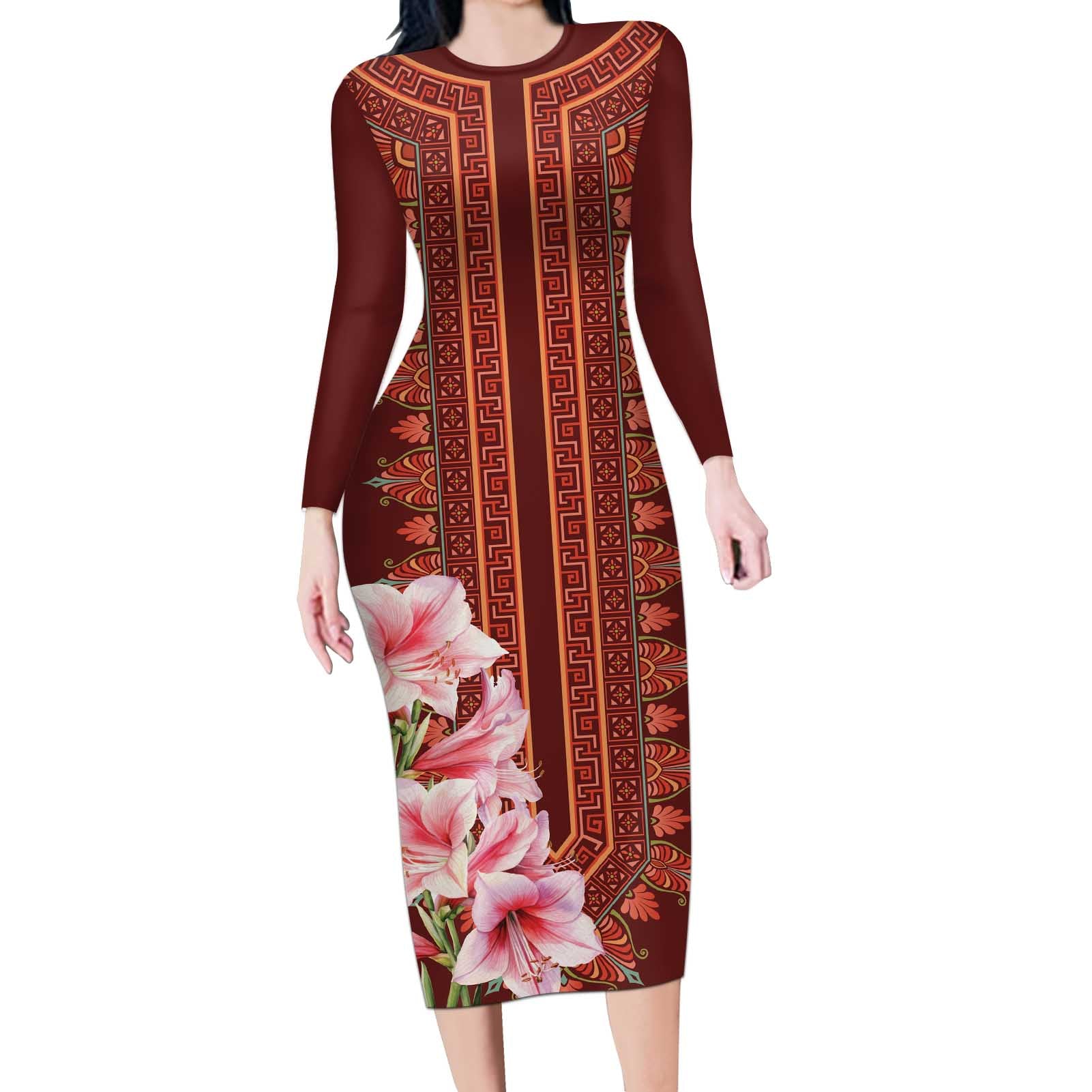Africa Dashiki Long Sleeve Bodycon Dress With Belladonna Lily - Wonder Print Shop