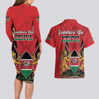 Kenya Couples Matching Long Sleeve Bodycon Dress and Hawaiian Shirt Coat Of Arms With Kente Patterns - Wonder Print Shop