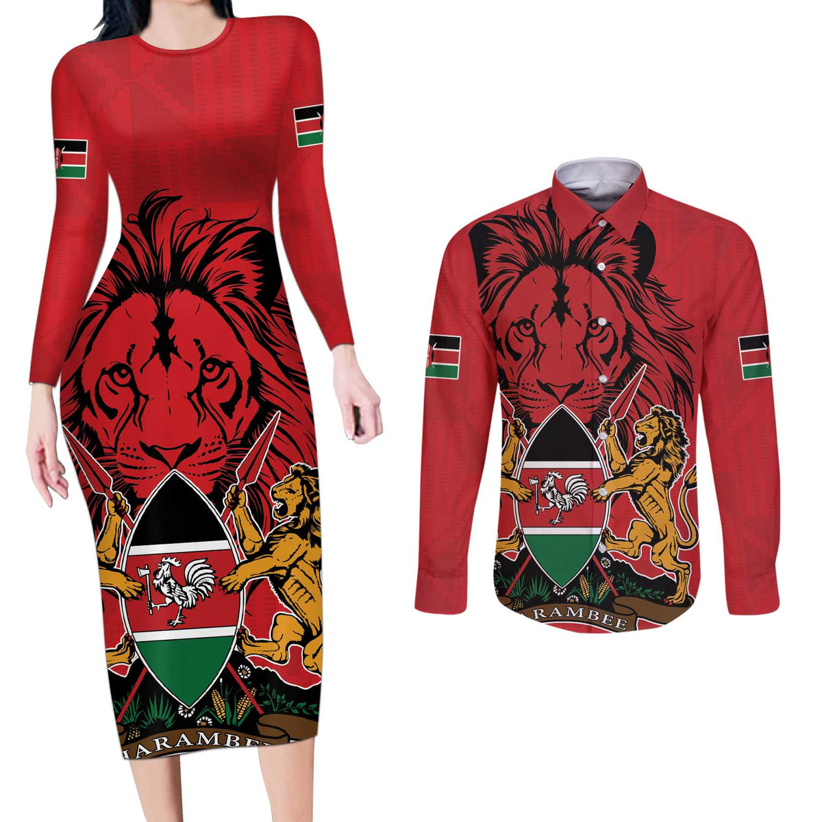 Kenya Couples Matching Long Sleeve Bodycon Dress and Long Sleeve Button Shirt Coat Of Arms With Kente Patterns - Wonder Print Shop