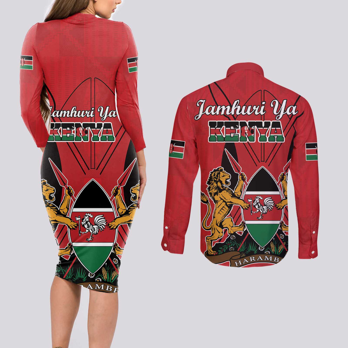 Kenya Couples Matching Long Sleeve Bodycon Dress and Long Sleeve Button Shirt Coat Of Arms With Kente Patterns - Wonder Print Shop