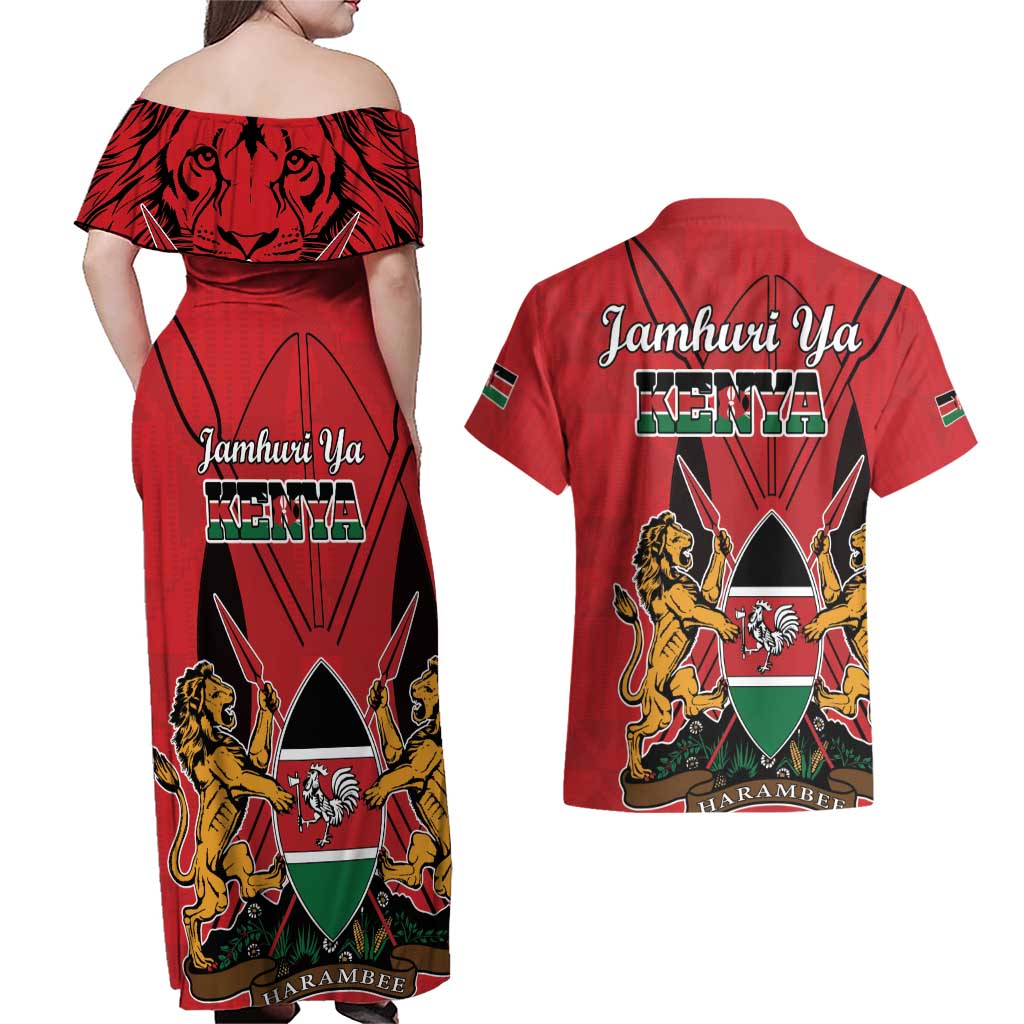 Kenya Couples Matching Off Shoulder Maxi Dress and Hawaiian Shirt Coat Of Arms With Kente Patterns - Wonder Print Shop