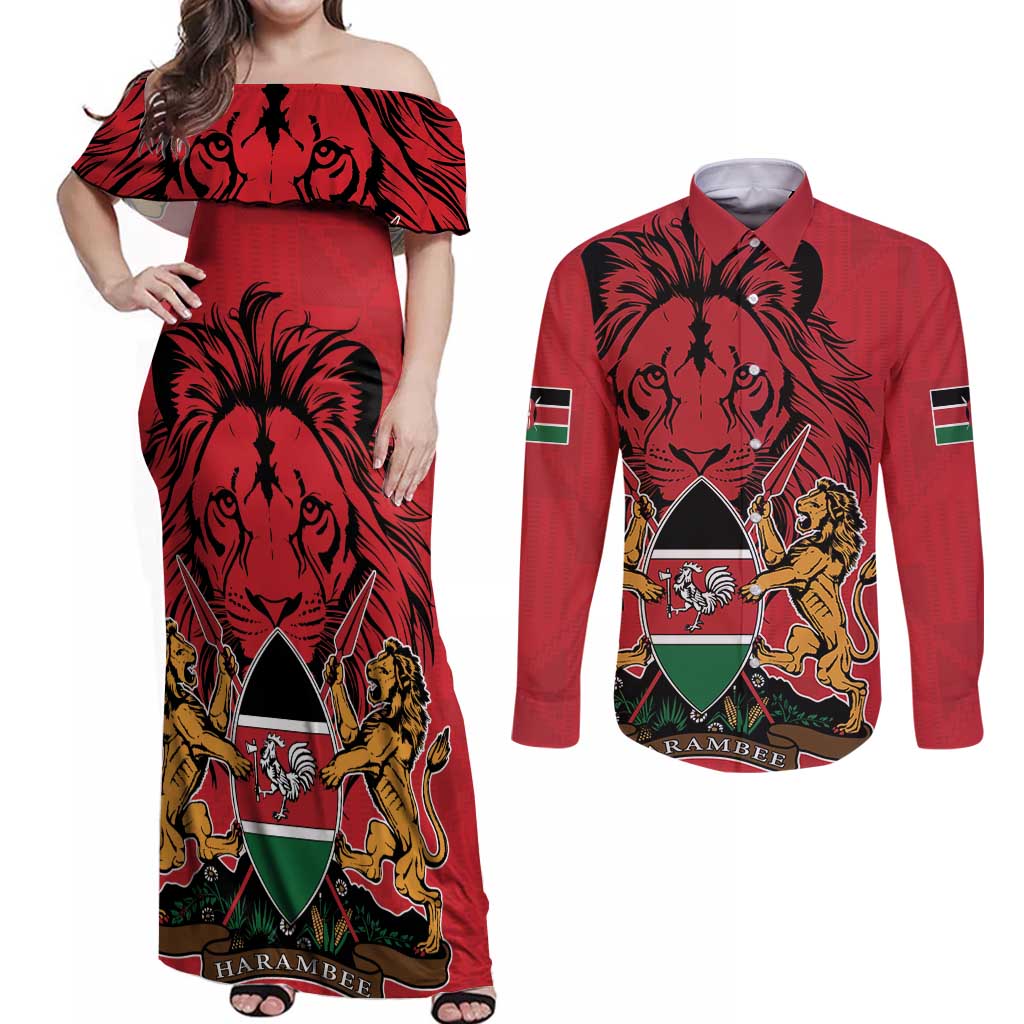 Kenya Couples Matching Off Shoulder Maxi Dress and Long Sleeve Button Shirt Coat Of Arms With Kente Patterns - Wonder Print Shop