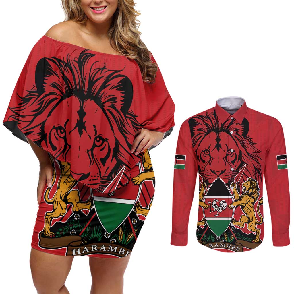 Kenya Couples Matching Off Shoulder Short Dress and Long Sleeve Button Shirt Coat Of Arms With Kente Patterns - Wonder Print Shop
