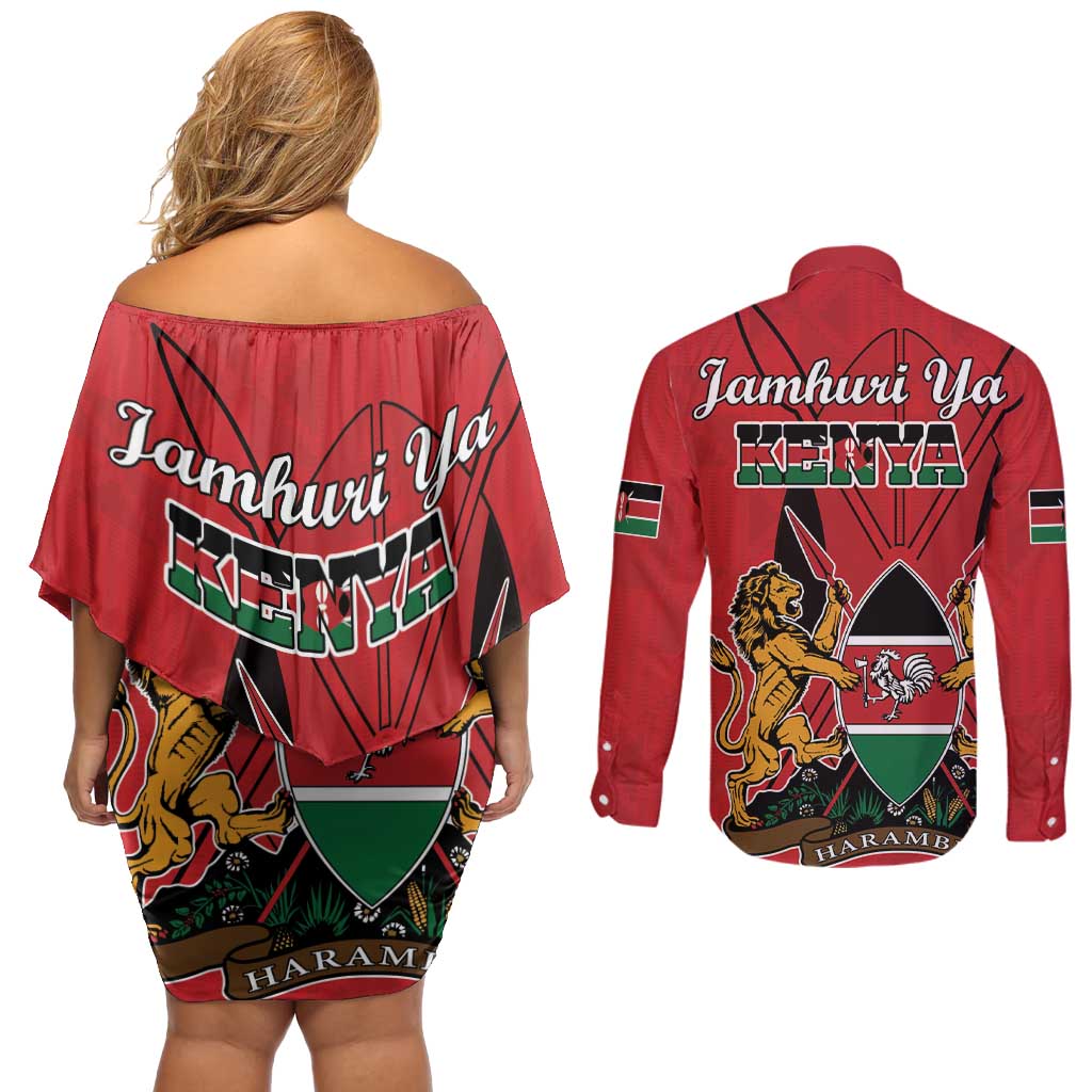Kenya Couples Matching Off Shoulder Short Dress and Long Sleeve Button Shirt Coat Of Arms With Kente Patterns - Wonder Print Shop