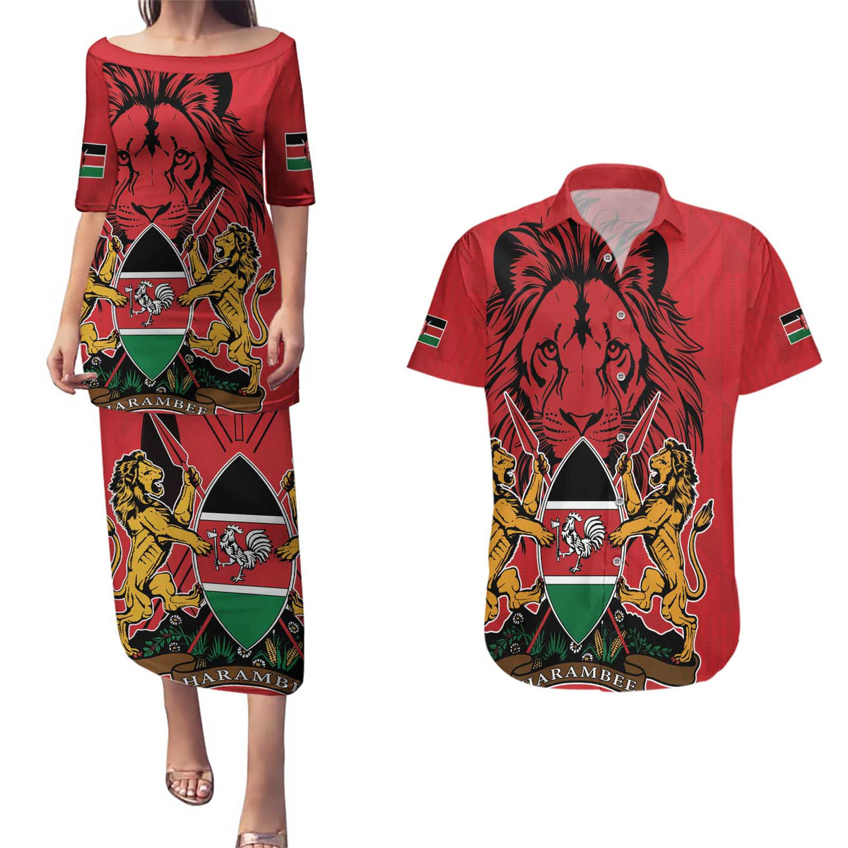 Kenya Couples Matching Puletasi and Hawaiian Shirt Coat Of Arms With Kente Patterns - Wonder Print Shop