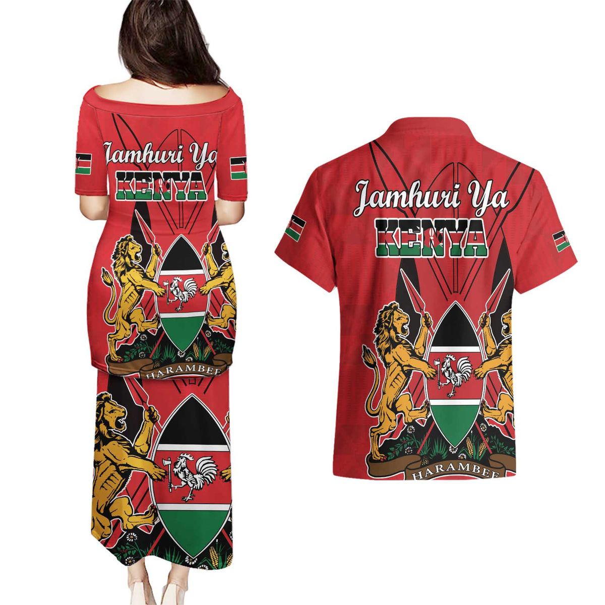 Kenya Couples Matching Puletasi and Hawaiian Shirt Coat Of Arms With Kente Patterns - Wonder Print Shop