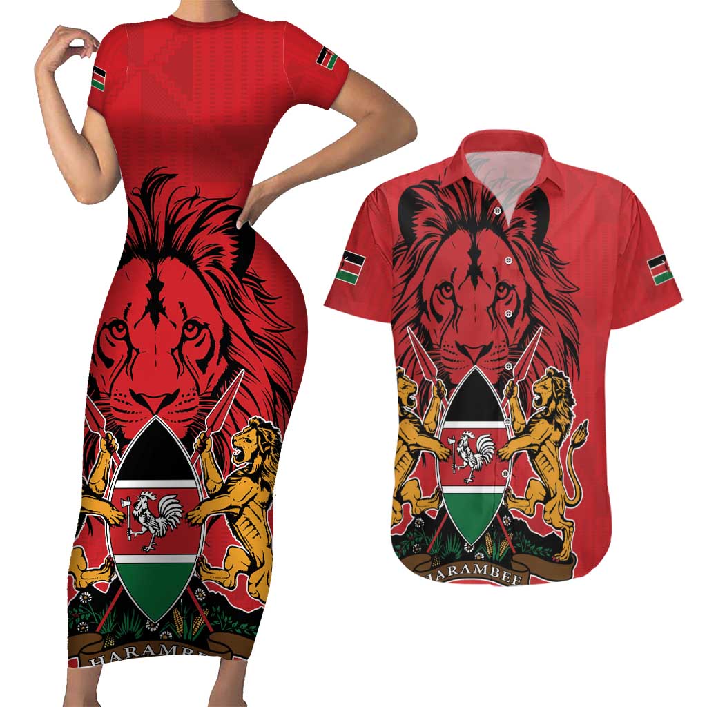Kenya Couples Matching Short Sleeve Bodycon Dress and Hawaiian Shirt Coat Of Arms With Kente Patterns - Wonder Print Shop