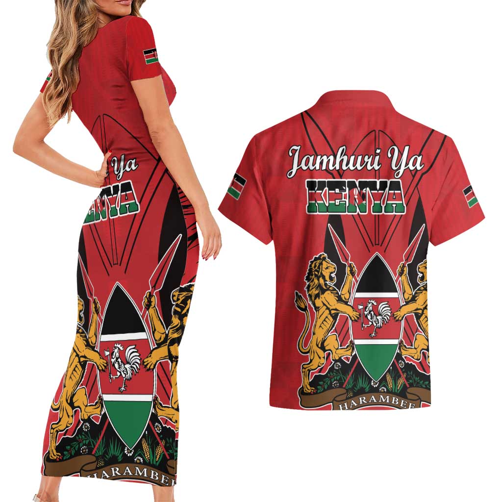 Kenya Couples Matching Short Sleeve Bodycon Dress and Hawaiian Shirt Coat Of Arms With Kente Patterns - Wonder Print Shop