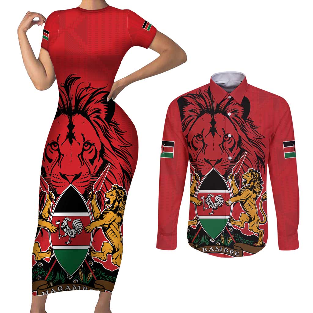 Kenya Couples Matching Short Sleeve Bodycon Dress and Long Sleeve Button Shirt Coat Of Arms With Kente Patterns - Wonder Print Shop