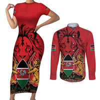 Kenya Couples Matching Short Sleeve Bodycon Dress and Long Sleeve Button Shirt Coat Of Arms With Kente Patterns - Wonder Print Shop