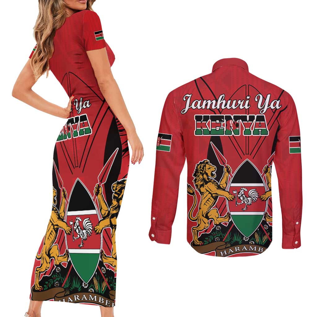 Kenya Couples Matching Short Sleeve Bodycon Dress and Long Sleeve Button Shirt Coat Of Arms With Kente Patterns - Wonder Print Shop